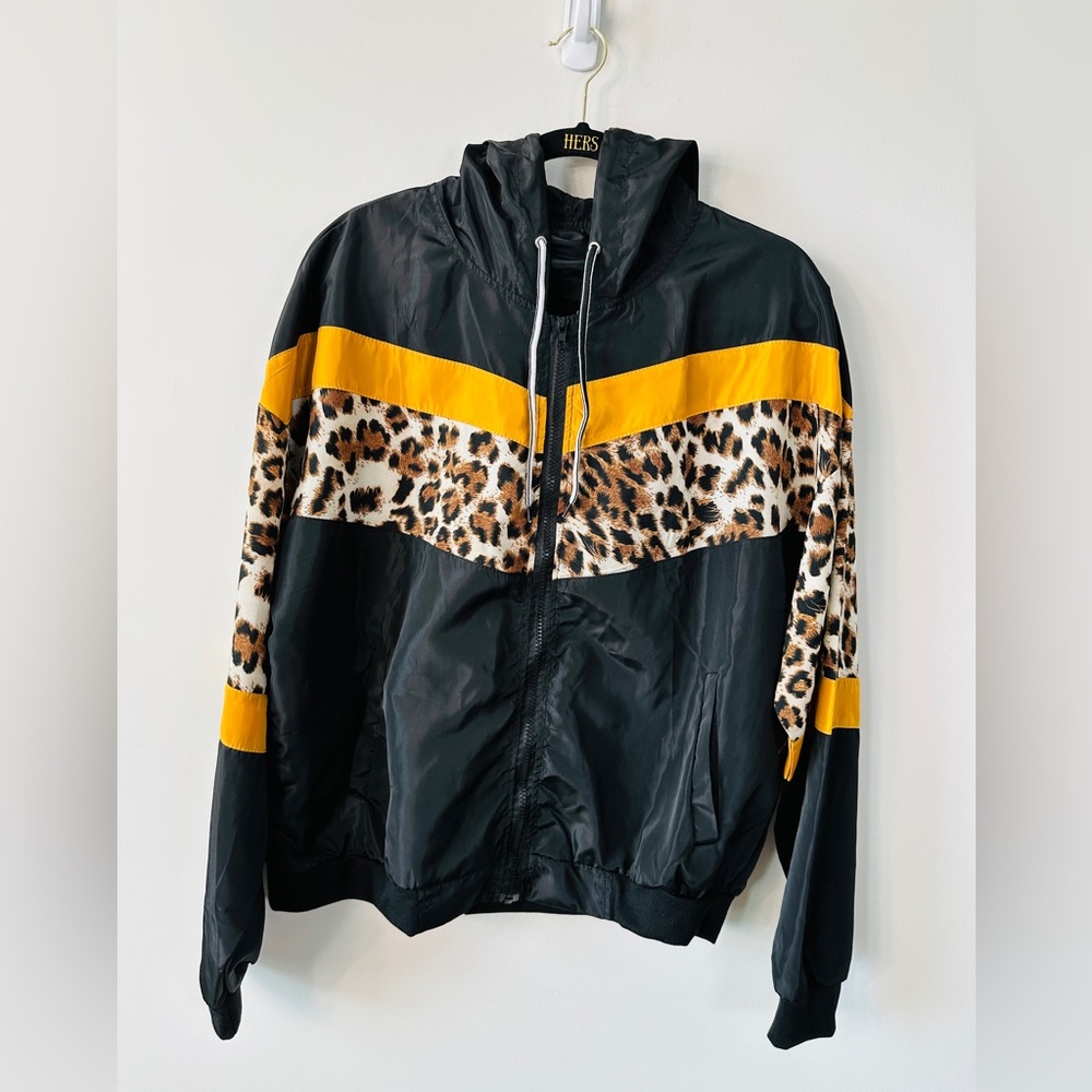 Black & Leopard Print Windbreaker Hooded Track Jacket With Pockets Size L - Picture 9 of 11